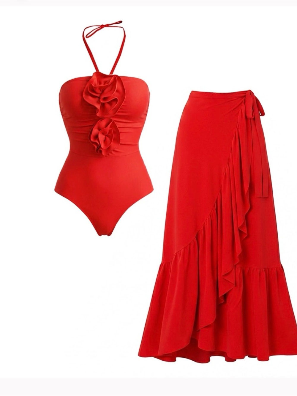 Red Ruffle Halter One-Piece Swimsuit with Matching Wrap Skirt - Detachable Strap